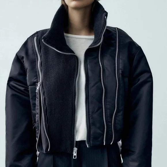 ZARA Black Bomber Jacket with Zipper Details & Pinstripe Back - Picture 3 of 7